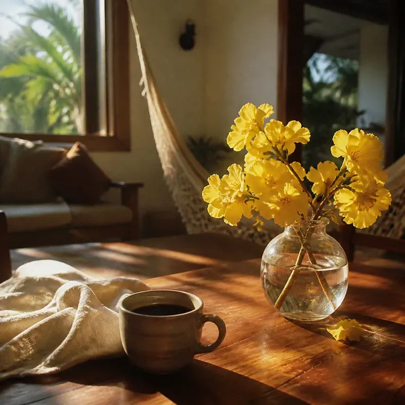 Luz da manh&atilde; sobre uma mesa de madeira com uma x&iacute;cara de caf&eacute; e flores amarelas de ip&ecirc;