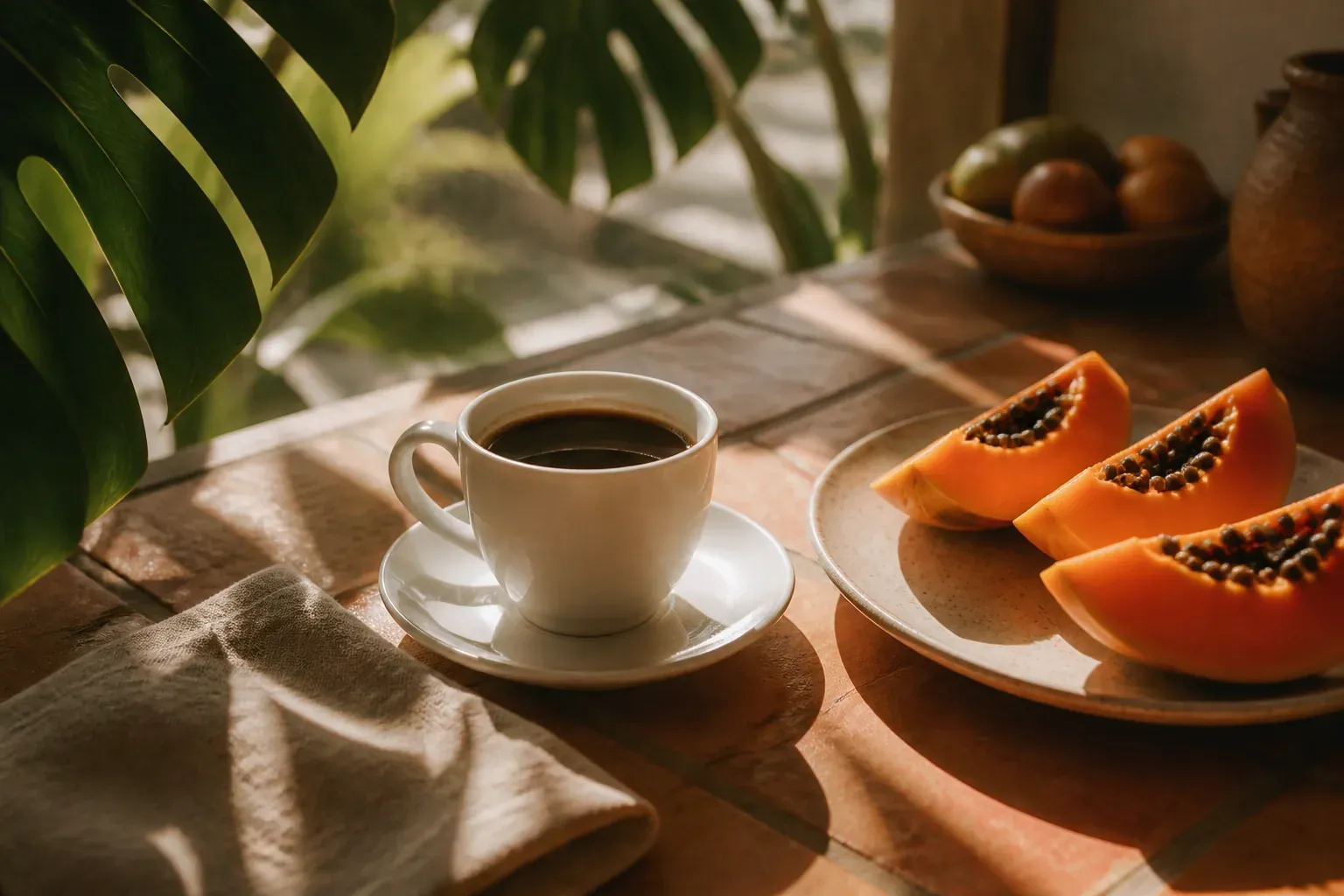 Mesa de caf&eacute; da manh&atilde; ao amanhecer: x&iacute;cara de caf&eacute; preto, mam&atilde;o fatiado e folhas de costela-de-ad&atilde;o